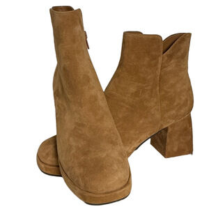 Vaneli Tan Suede Block Heel Ankle Boots Platform Zip Booties Size 9.5